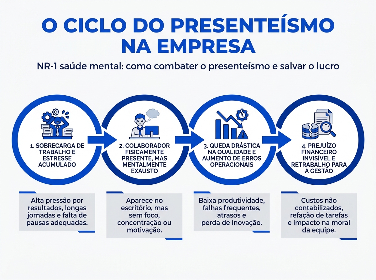 Infográfico sobre o ciclo do presenteísmo e seus impactos na produtividade da empresa