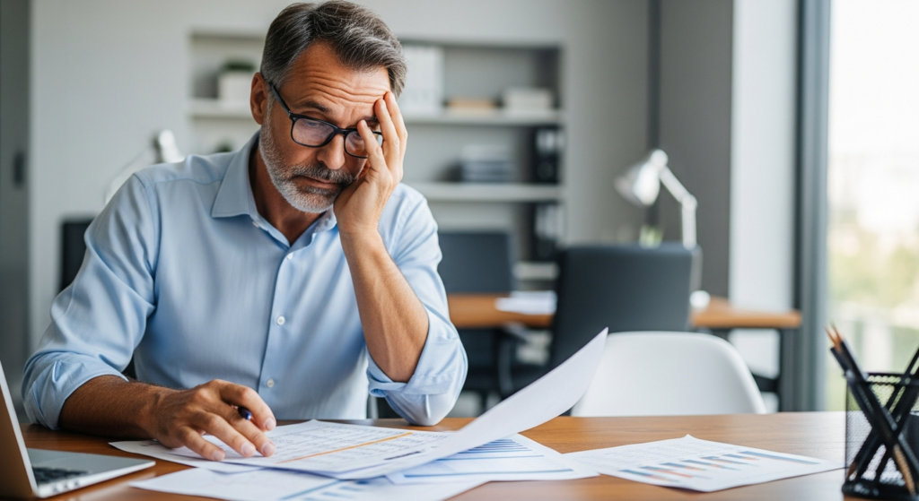 Foto realista de um empresário de meia-idade em seu escritório, com expressão de preocupação, analisando planilhas financeiras impressas sobre a mesa de madeira. Ao fundo, um ambiente de escritório moderno e levemente desfocado, transmitindo a atmosfera de tomada de decisões difíceis. Sem textos ou gráficos sobrepostos. Alt: Empresário preocupado analisando custos e produtividade em seu escritório.