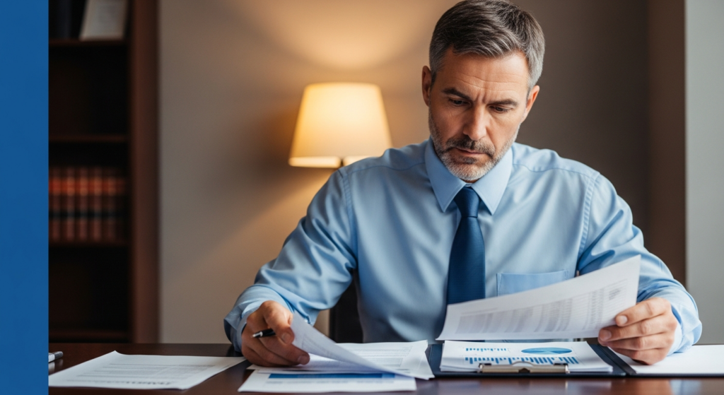 Foto realista de um empresário de meia-idade, com expressão séria e focada, analisando documentos e relatórios impressos sobre uma mesa de madeira escura em seu escritório. Ao fundo, uma estante de livros jurídica desfocada e iluminação aconchegante. Sem textos, gráficos ou telas visíveis na imagem. Alt: Empresário analisando documentos de conformidade trabalhista e inventário de riscos da NR-1 para proteção patrimonial.