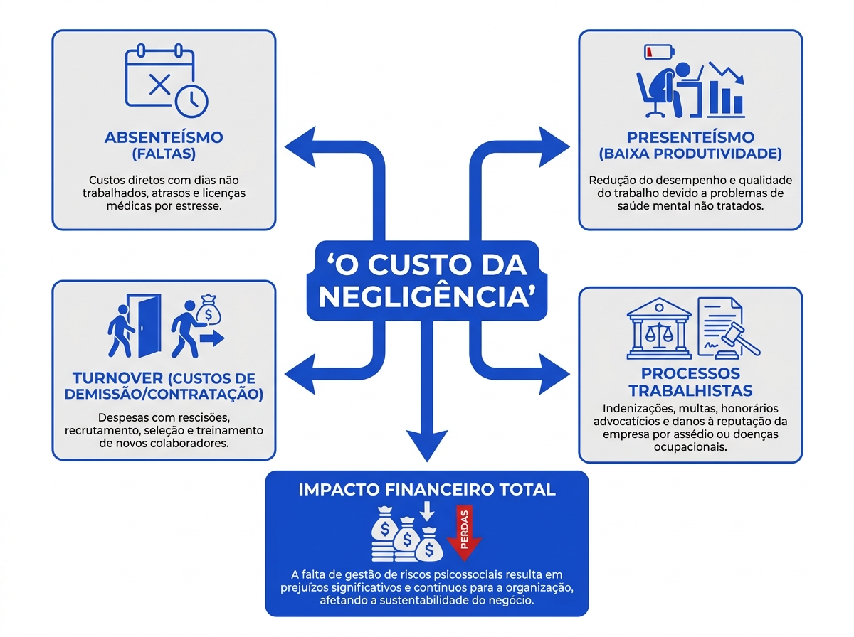 Infográfico demonstrando os custos invisíveis da falta de gestão de riscos psicossociais nas empresas