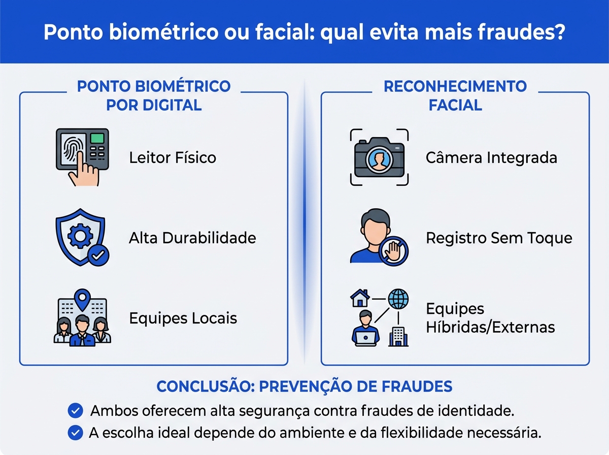 Infográfico comparativo entre ponto biométrico por digital e reconhecimento facial para controle de jornada.