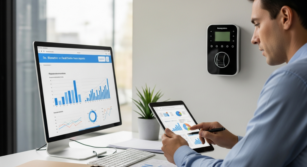 Foto realista de um empresário em seu escritório analisando relatórios financeiros em um tablet, com um relógio de ponto biométrico fixado na parede ao fundo. Ambiente profissional, iluminação natural, sem textos ou gráficos na tela. Alt: Empresário analisando relatórios de jornada ao lado de um relógio de ponto biométrico.