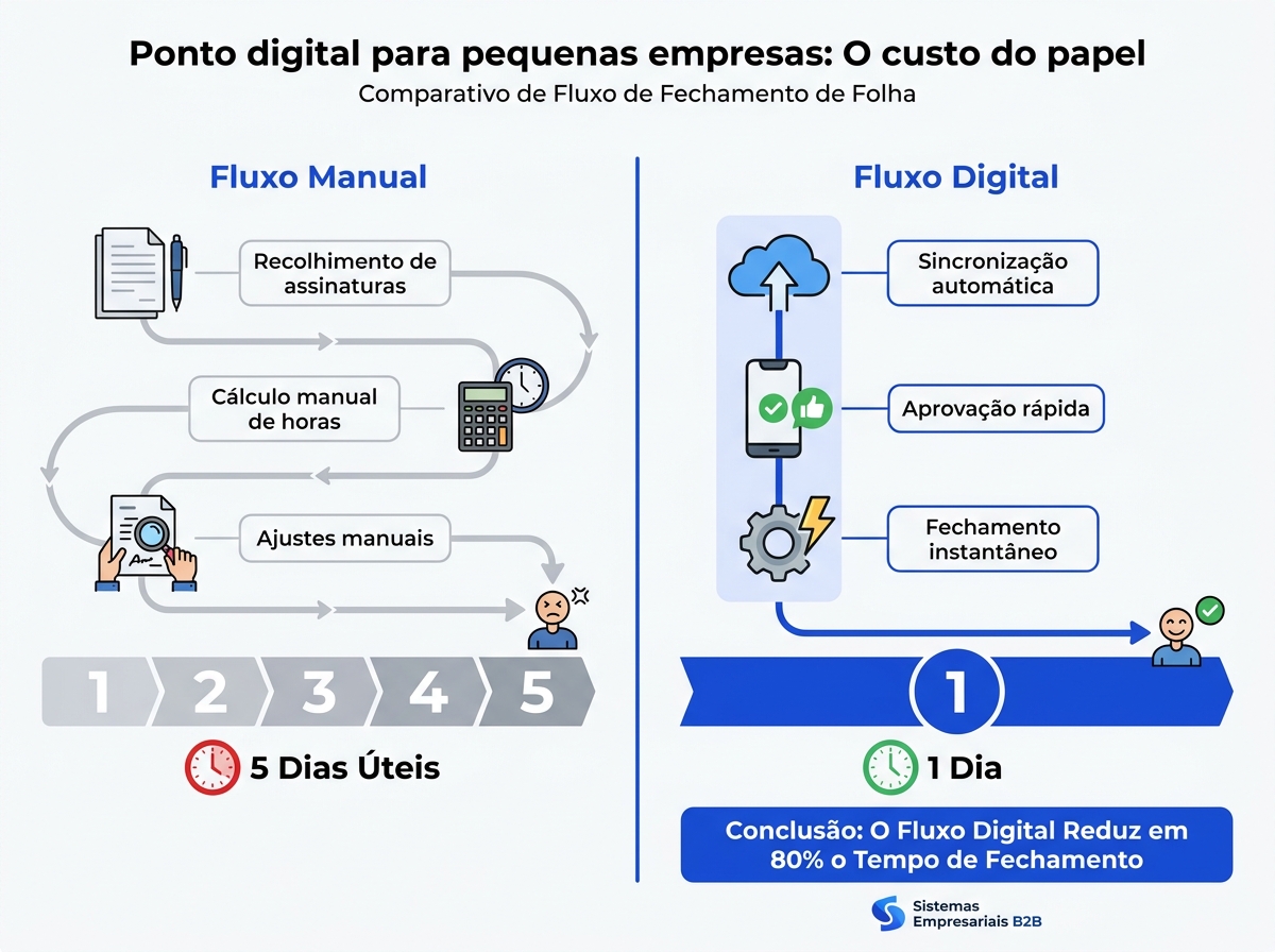 Infográfico comparativo entre o fluxo de fechamento de folha manual e o fluxo automatizado com ponto digital.