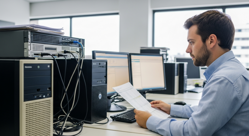Foto realista de um profissional de TI focado, analisando telas de servidores locais antigos e computadores de escritório com cabos visíveis, representando a infraestrutura de sistemas legados de uma empresa. Sem textos ou gráficos nas telas.