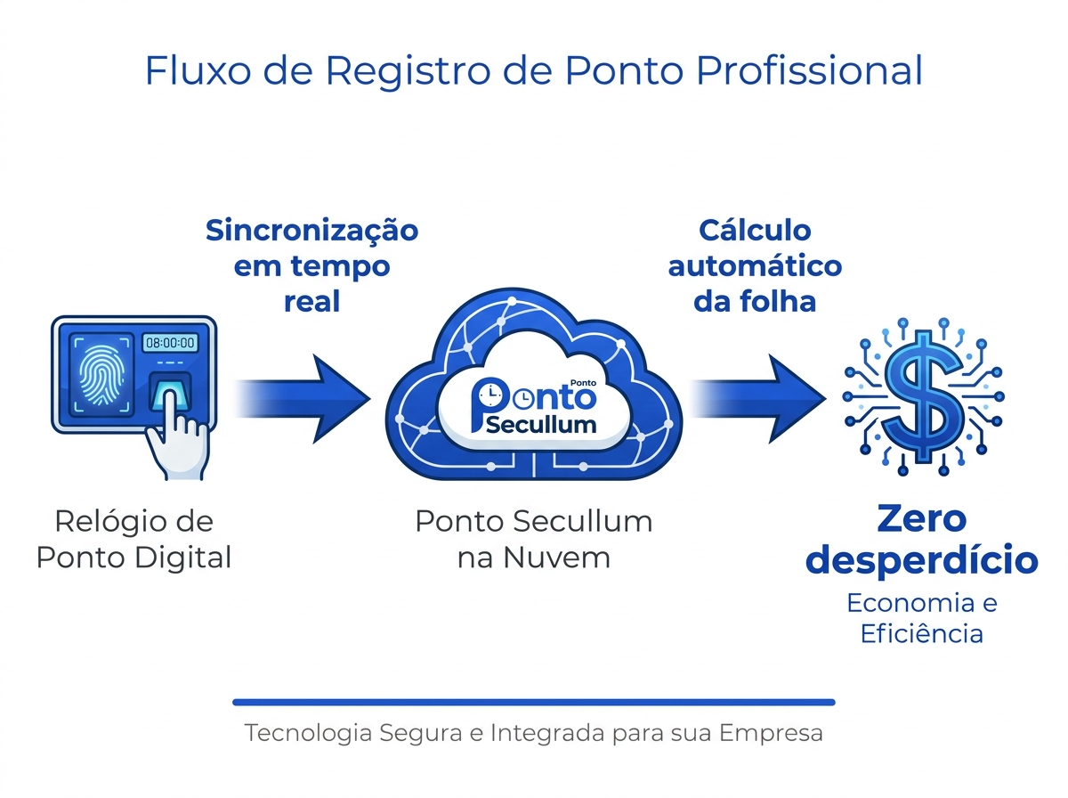 Infográfico mostrando o fluxo de automação desde o registro no relógio de ponto digital até o cálculo automático da folha de pagamento.