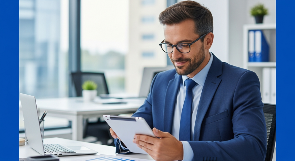 Foto realista de um empresário em seu escritório moderno analisando relatórios financeiros em um tablet, com uma expressão de alívio e controle. Ao fundo, um ambiente corporativo organizado e bem iluminado. Sem textos ou gráficos sobrepostos.