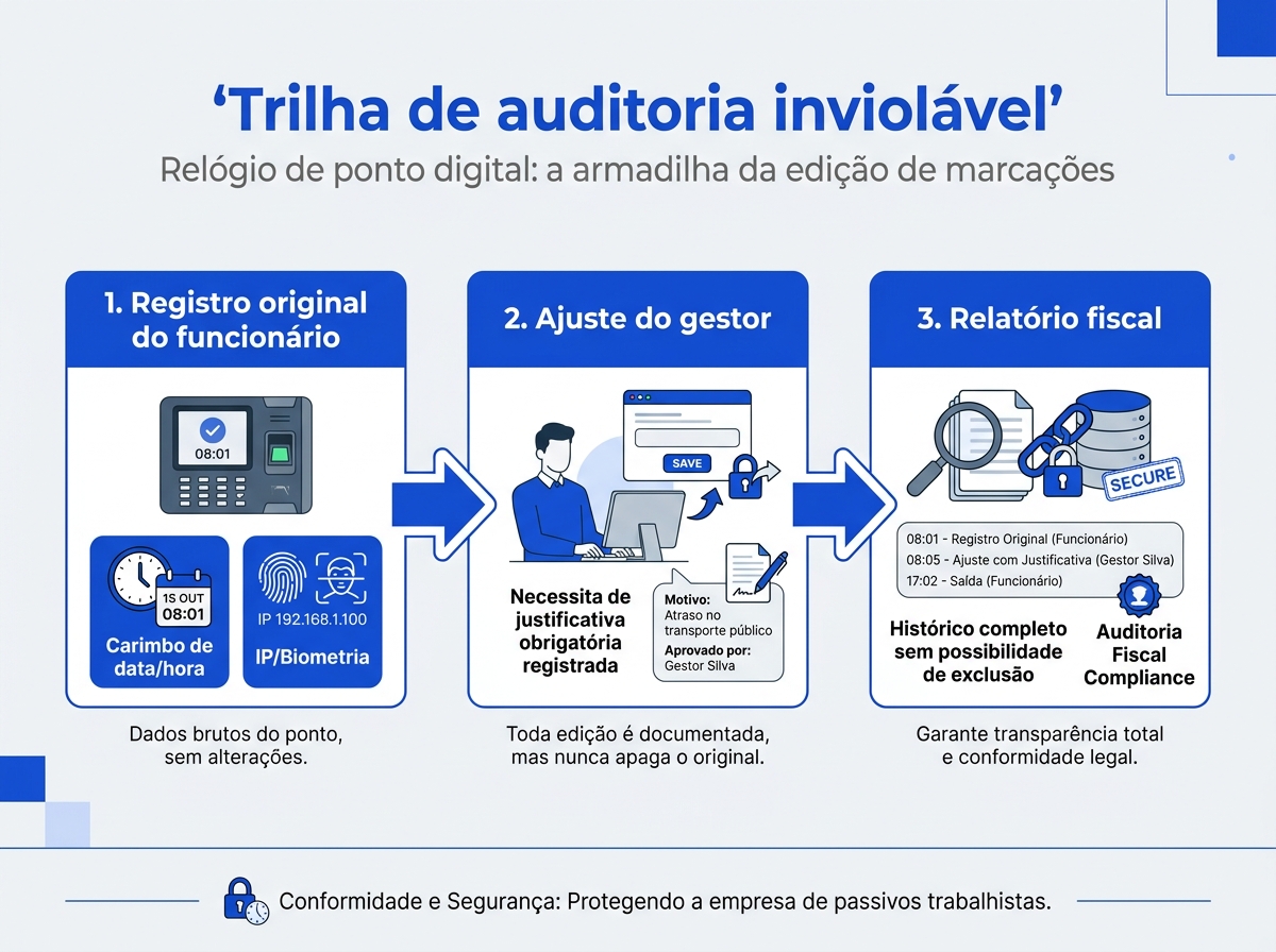 Infográfico demonstrando o funcionamento de uma trilha de auditoria inviolável em um sistema de ponto digital.