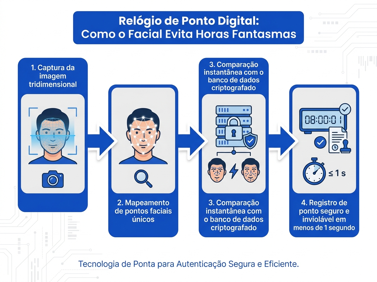 Infográfico mostrando o fluxo de funcionamento do reconhecimento facial no relógio de ponto digital.