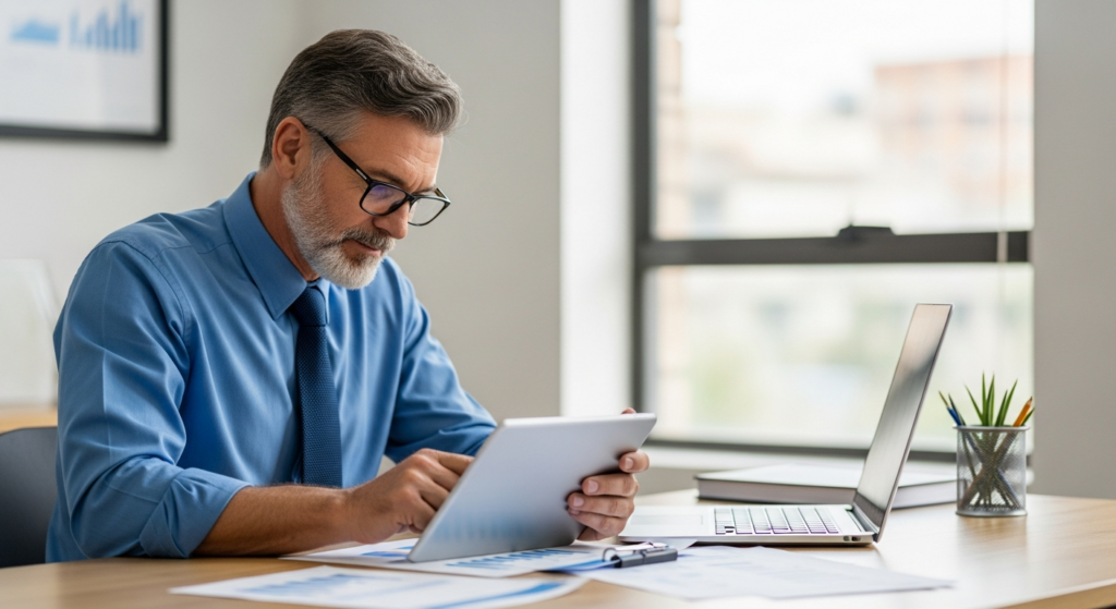 Foto realista de um empresário de meia-idade em seu escritório moderno, analisando com expressão de alívio relatórios financeiros em um tablet, enquanto ao fundo, na parede próxima à entrada, destaca-se um relógio de ponto digital moderno e discreto. Sem textos, gráficos ou elementos flutuantes na imagem. Alt: Empresário analisando relatórios financeiros em escritório com relógio de ponto digital ao fundo.