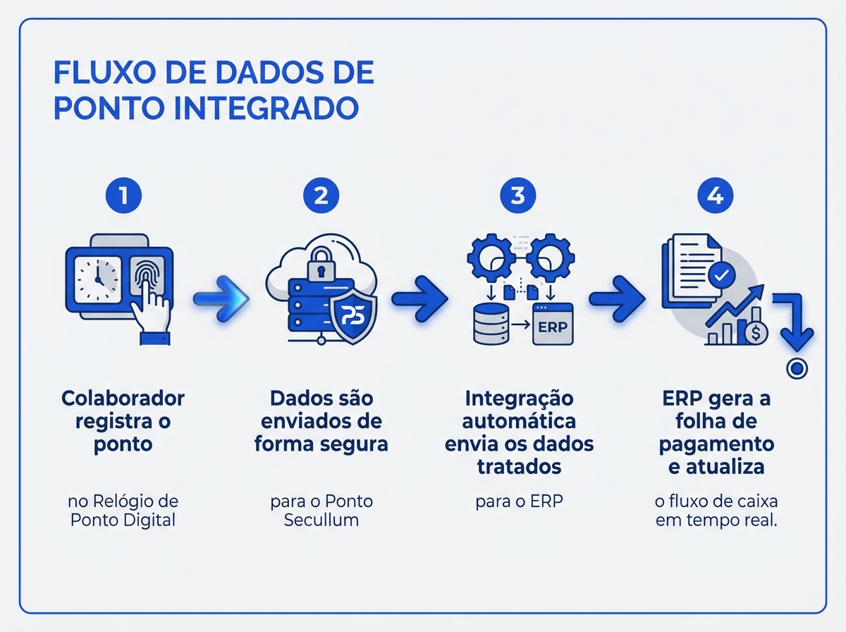 Fluxo de integração automática entre relógio de ponto digital, Ponto Secullum e ERP corporativo.