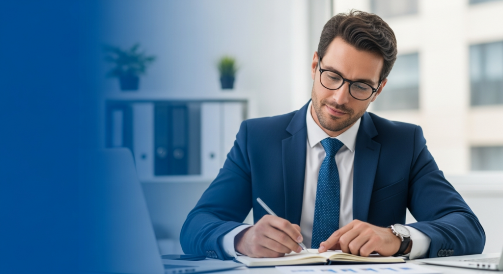 Foto realista de um empresário em seu escritório moderno, analisando dados financeiros em um notebook com expressão de tranquilidade e controle. Ao fundo, ambiente corporativo iluminado e profissional, sem textos ou gráficos sobrepostos.
