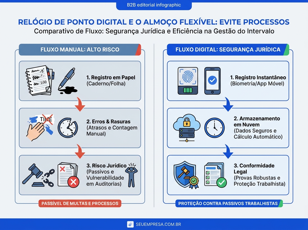 Infográfico comparando a segurança do registro de almoço manual versus o relógio de ponto digital.