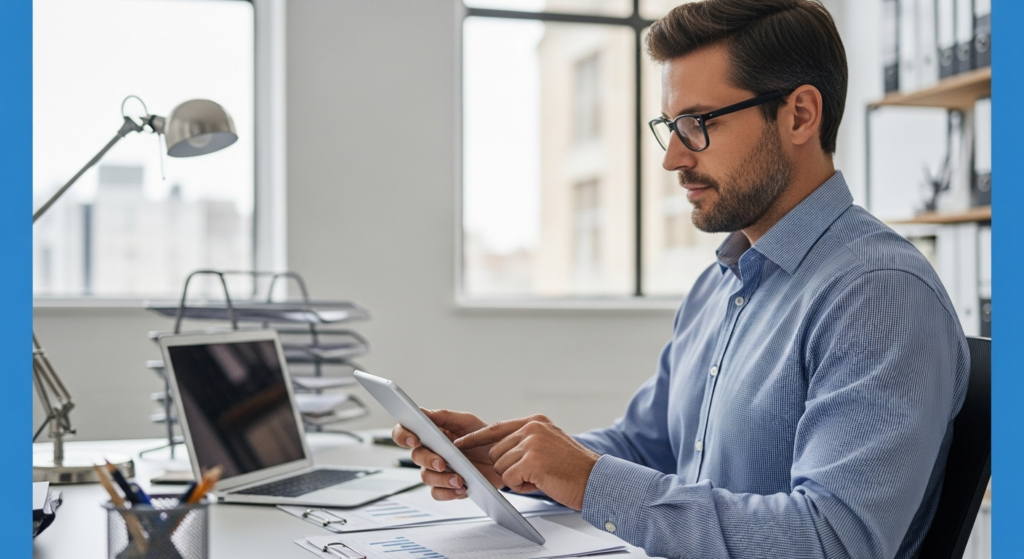 Foto realista de um empresário em seu escritório analisando relatórios de jornada em um tablet, com uma expressão de tranquilidade. Ao fundo, um ambiente corporativo moderno e organizado, sem textos, gráficos ou elementos artificiais na imagem. Alt: Empresário analisando relatórios de jornada de trabalho com tranquilidade em seu escritório.