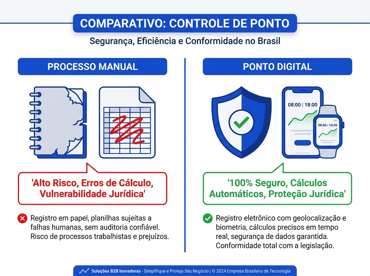 Infográfico comparativo entre controle de ponto manual e relógio de ponto digital para pequenas empresas