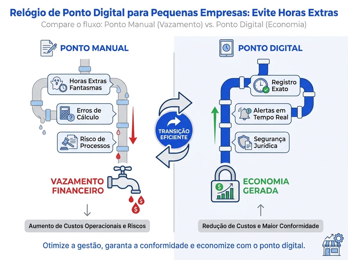 Infográfico comparando o desperdício do ponto manual com a economia do relógio de ponto digital para pequenas empresas.
