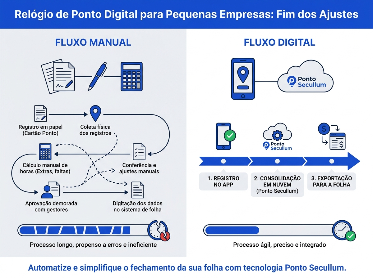 Infográfico comparando o fluxo manual de fechamento de folha com o fluxo automatizado do relógio de ponto digital para pequenas empresas.