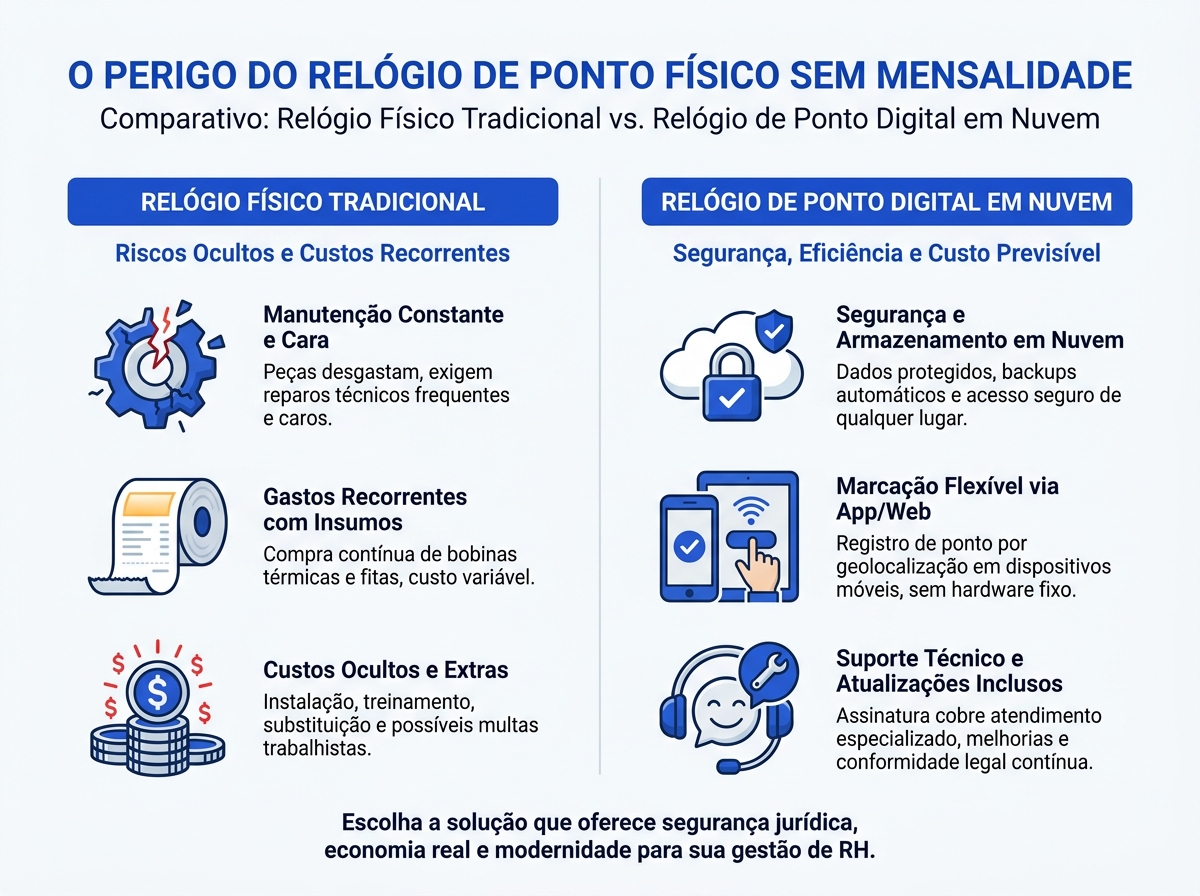 Infográfico comparativo entre os custos ocultos do relógio físico e a previsibilidade do relógio de ponto digital em nuvem.