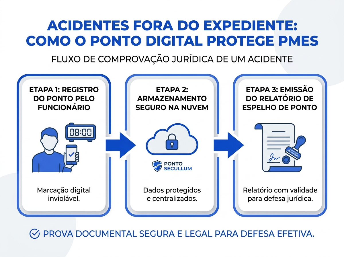 Fluxo de comprovação de jornada segura com relógio de ponto digital para pequenas empresas.