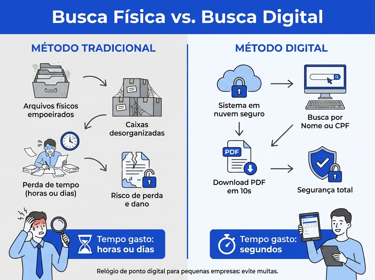 Infográfico comparando a busca física de documentos de ponto com a busca digital em nuvem.