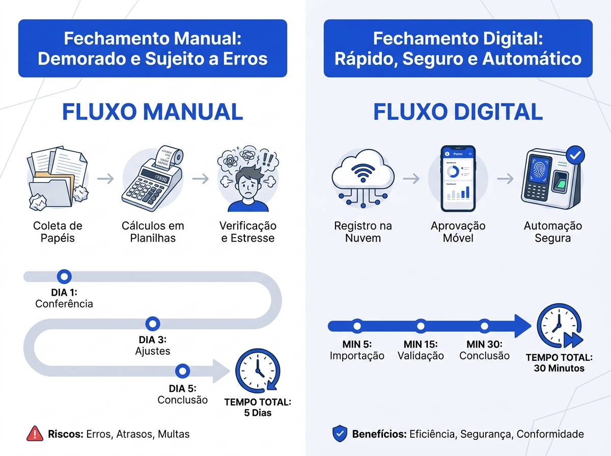 Infográfico comparativo entre o fechamento de folha manual e o digital