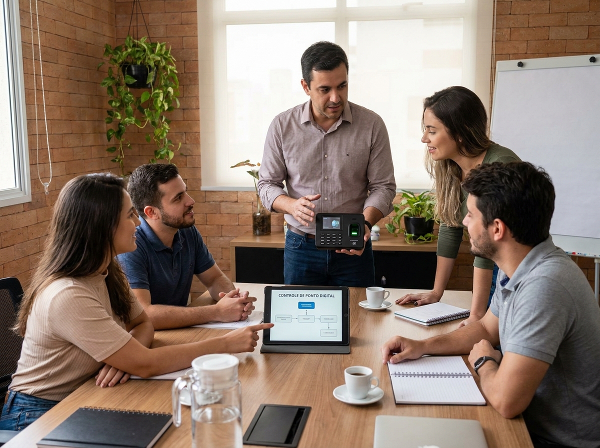 Gestor explicando o funcionamento do novo relógio de ponto digital para sua equipe