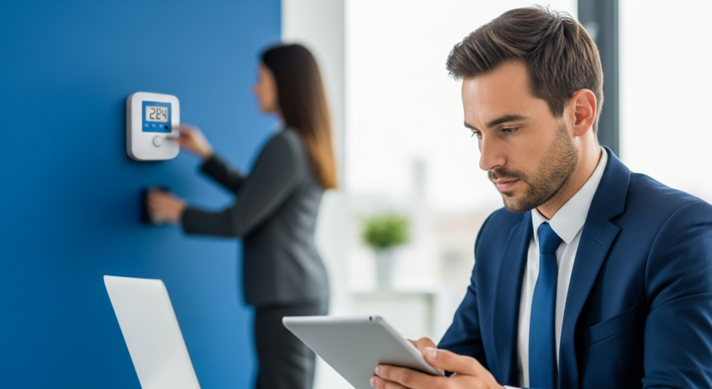 Uma fotografia profissional em ambiente de escritório de uma pequena empresa moderna. Um empresário focado analisa dados em um tablet, enquanto ao fundo, de forma sutil e sem foco, um colaborador utiliza um dispositivo de registro de ponto na parede. A iluminação é natural e transmite segurança, organização e profissionalismo. Sem textos ou gráficos sobrepostos.