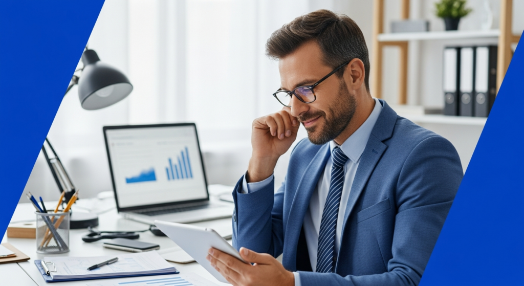 Uma foto realista de um empresário em seu escritório moderno, analisando relatórios financeiros em um tablet com expressão de alívio e segurança. Ao fundo, um ambiente de trabalho organizado e bem iluminado. Sem textos ou gráficos sobrepostos.
