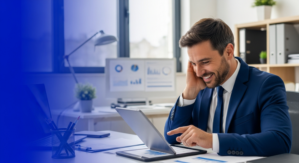Foto realista de um empresário em seu escritório analisando relatórios financeiros em um tablet, com uma expressão de alívio ao ver os custos sob controle. Ao fundo, um ambiente de escritório moderno e organizado, sem textos ou gráficos na tela.