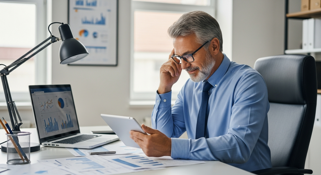 Foto realista de um empresário em seu escritório, com expressão de alívio, olhando para a tela de um computador que exibe um painel de controle de ponto limpo e organizado. Ao fundo, um ambiente de escritório moderno de uma pequena empresa, bem iluminado. Sem textos, gráficos ou elementos flutuantes na imagem.