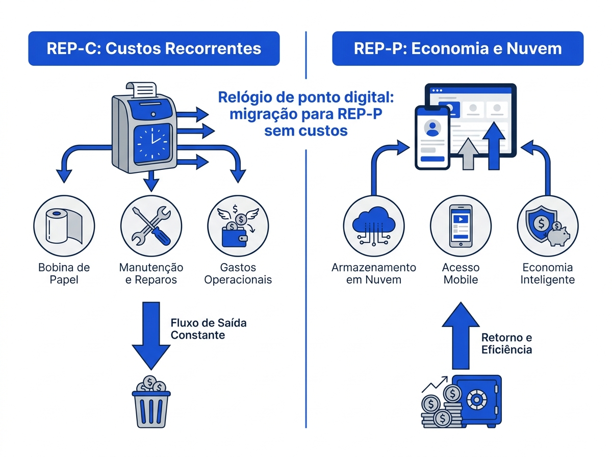 Infográfico comparativo de custos entre relógio de ponto físico REP-C e relógio de ponto digital REP-P.