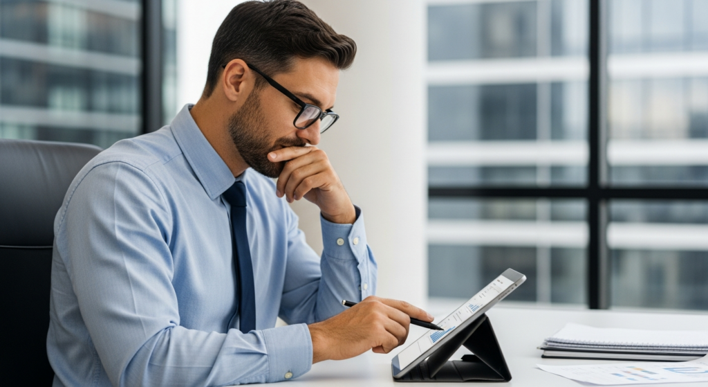 Foto realista de um empresário em seu escritório analisando custos em um tablet, com uma expressão de alívio ao ver relatórios organizados. Ao fundo, um ambiente corporativo moderno e bem iluminado, sem textos ou gráficos na tela. Alt: Empresário analisando relatórios financeiros de controle de ponto em um tablet.