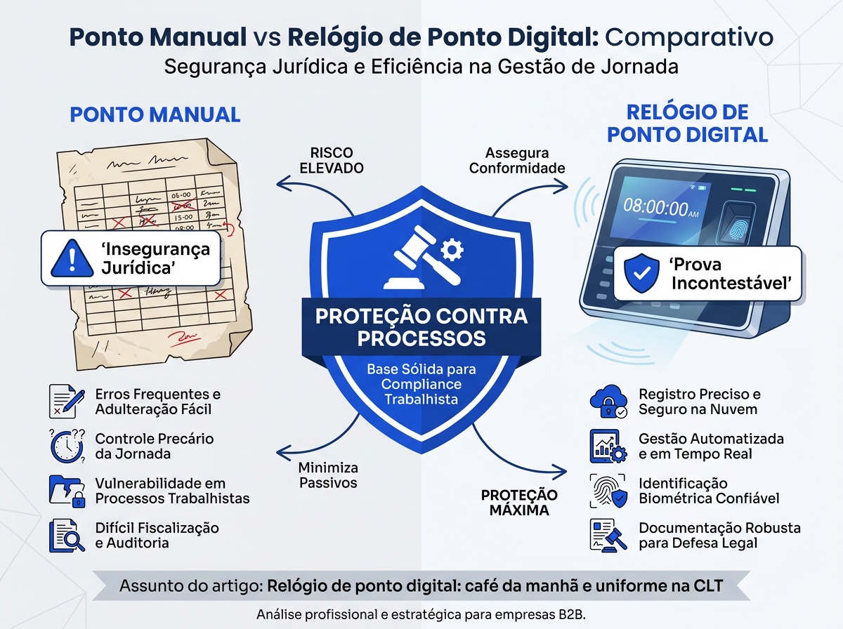 Infográfico comparando a segurança jurídica do ponto manual versus o relógio de ponto digital.