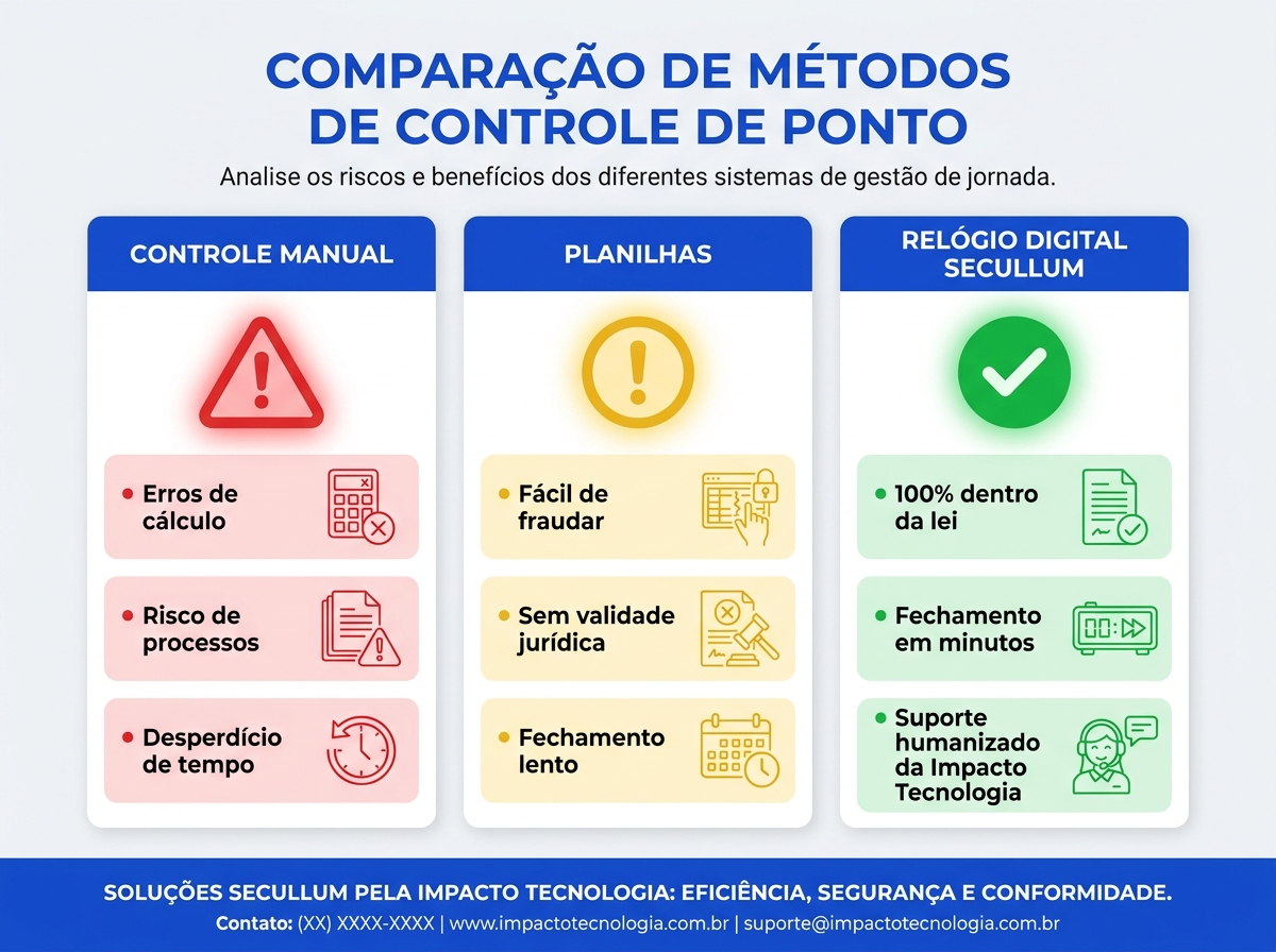 Infográfico comparativo entre controle de ponto manual, planilhas e relógio digital para pequenas empresas
