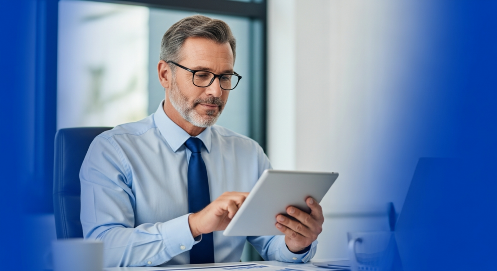 Foto realista de um empresário de meia-idade em seu escritório moderno, analisando dados em um tablet com expressão de tranquilidade e segurança, transmitindo o controle financeiro e operacional de sua empresa.