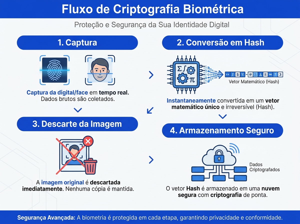 Infográfico explicativo do processo de criptografia e descarte de imagem biométrica no sistema de ponto.