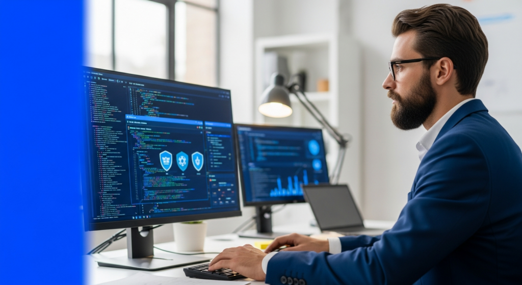 Foto realista de uma profissional de TI em um escritório moderno analisando linhas de código e painéis de segurança em um monitor de alta resolução, com iluminação suave e foco seletivo, transmitindo profissionalismo e segurança tecnológica. Alt: Profissional de TI analisando painel de segurança de dados em escritório moderno.