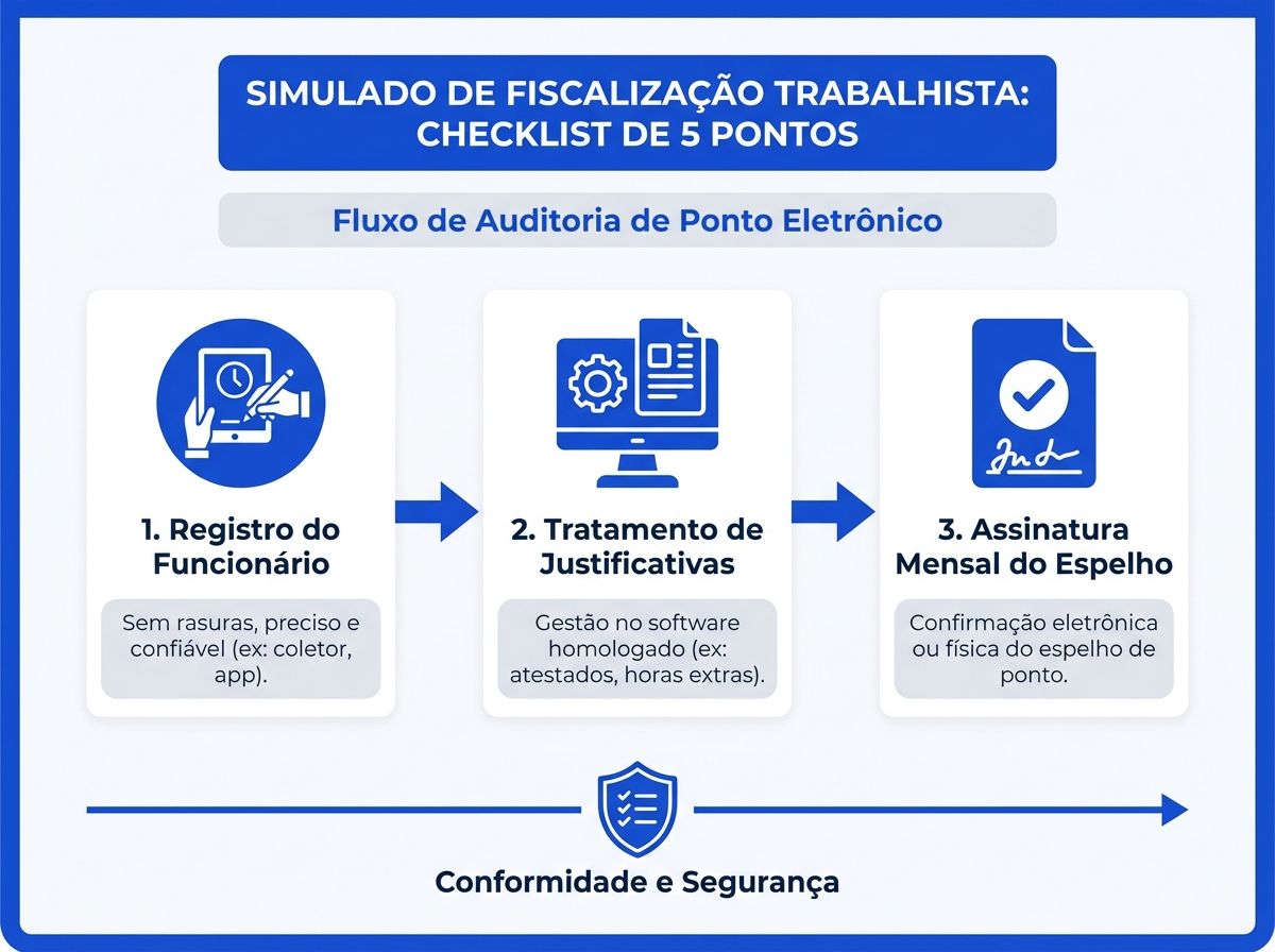 Infográfico mostrando o fluxo correto de auditoria de ponto eletrônico para evitar multas.
