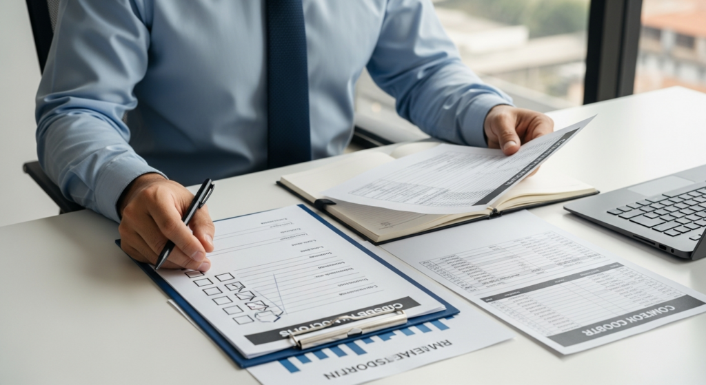 Uma foto realista de um empresário preocupado em sua mesa de escritório, analisando pastas de documentos físicos e relatórios impressos, com uma calculadora ao lado. O ambiente é de um escritório de pequena empresa, com iluminação natural vinda de uma janela ao fundo. Sem textos, gráficos ou elementos digitais sobrepostos na imagem. Alt: Empresário analisando documentos e relatórios de ponto para se preparar para uma fiscalização trabalhista.