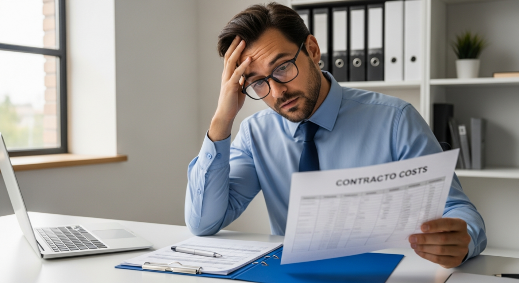 Foto realista de um empresário em seu escritório analisando contratos e planilhas de custos com expressão de preocupação, com pastas de documentos ao fundo. Sem textos ou gráficos na tela.