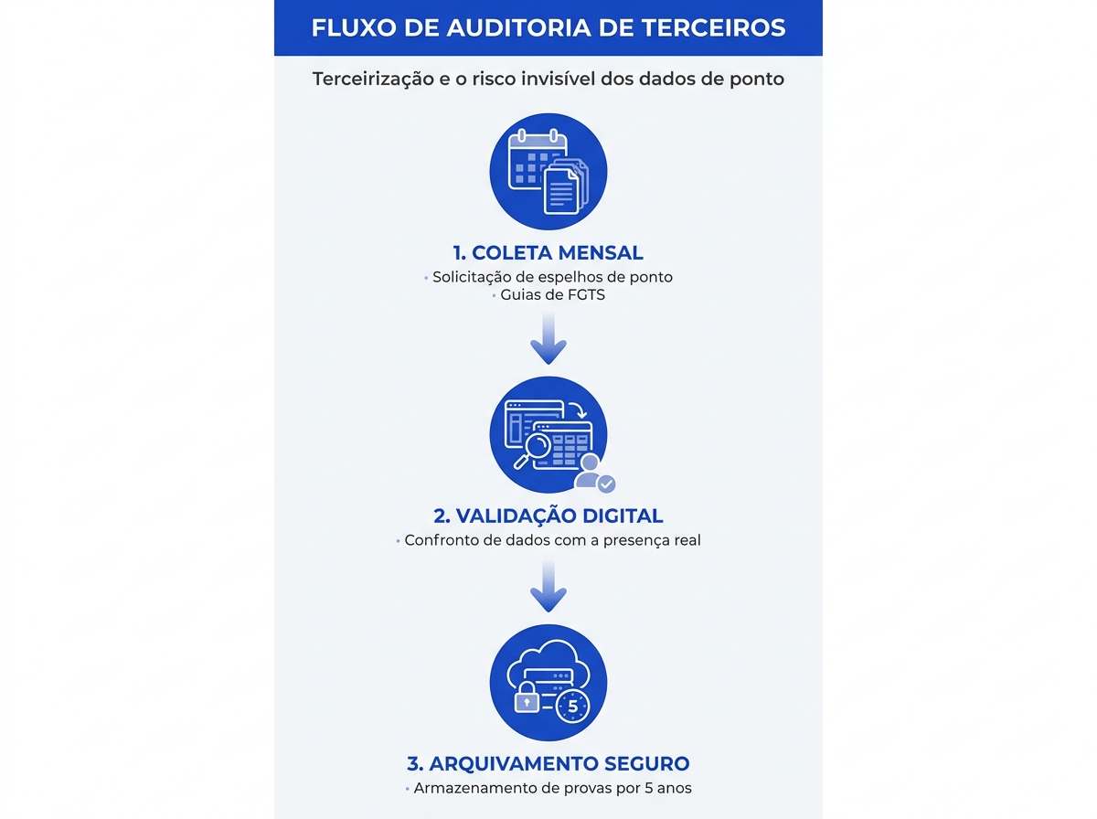 Infográfico mostrando o fluxo de auditoria de dados de ponto na terceirização.