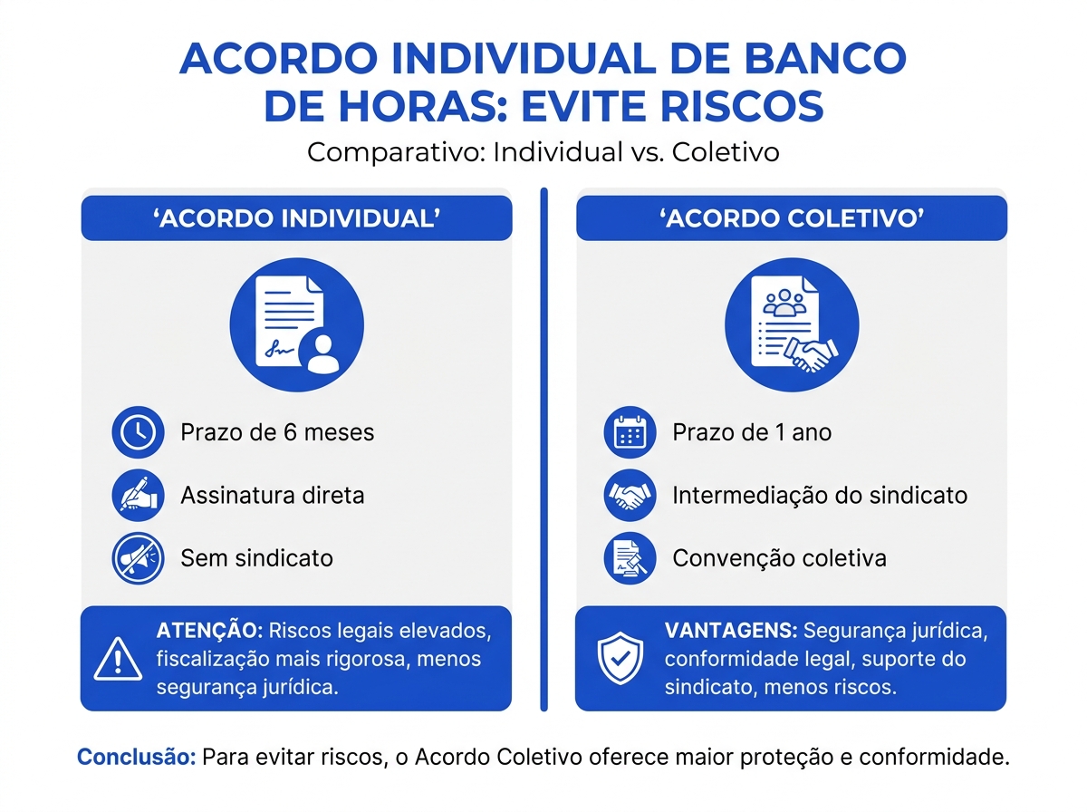 Infográfico comparativo entre acordo individual e acordo coletivo de banco de horas