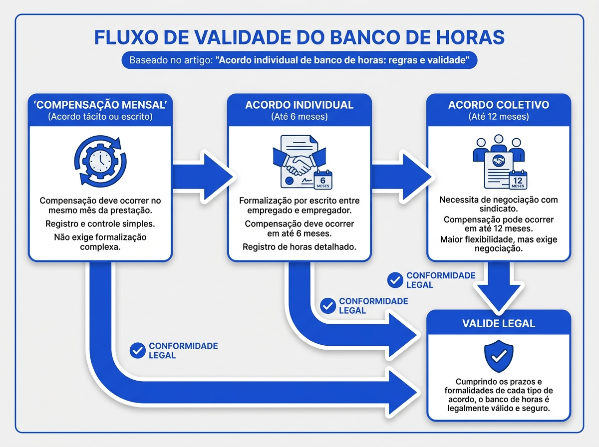Infográfico sobre prazos de validade e compensação do banco de horas segundo a CLT.