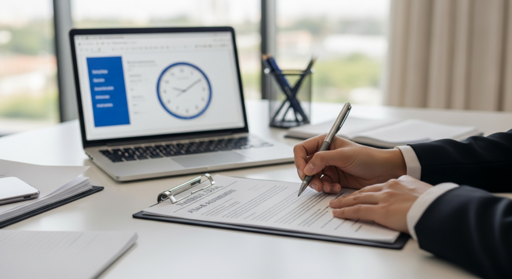 Foto realista de um profissional de recursos humanos assinando um documento impresso de acordo individual de banco de horas sobre uma mesa de trabalho organizada, com um notebook ao fundo mostrando uma tela de sistema de ponto eletrônico sem textos legíveis. Ambiente de escritório moderno e bem iluminado.