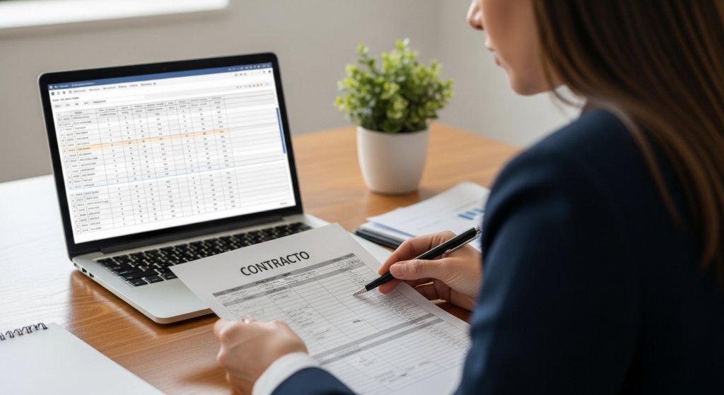Foto realista de uma profissional de recursos humanos analisando atentamente um contrato de trabalho impresso sobre uma mesa de madeira, com um notebook aberto ao fundo mostrando uma planilha de controle de jornada sem textos legíveis. Alt: Profissional de RH revisando documento de acordo individual de banco de horas sobre a mesa.