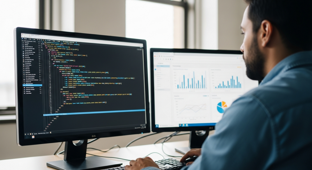 Uma foto realista de um desenvolvedor de software trabalhando em frente a duas telas de computador em um escritório moderno. Em uma das telas, é possível ver linhas de código de programação limpas e estruturadas (sem textos legíveis ou marcas). Na outra tela, há uma interface de sistema web com gráficos de usabilidade. O ambiente tem iluminação suave e profissional, transmitindo foco, tecnologia e integração de sistemas. Alt: Desenvolvedor trabalhando na integração de sistemas internos usando a API RHID.