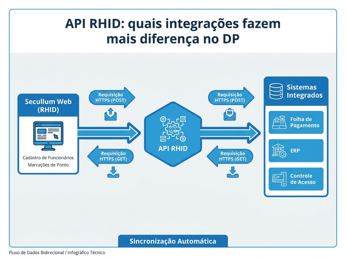 Diagrama do fluxo de dados bidirecional utilizando a API RHID para integração de sistemas.
