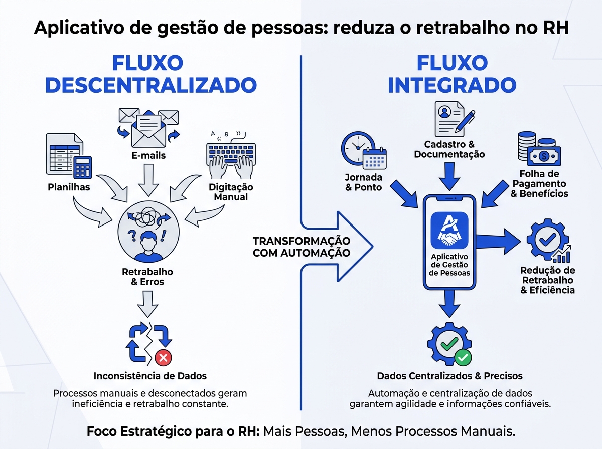 Infográfico comparativo entre fluxo de dados de RH descentralizado e integrado