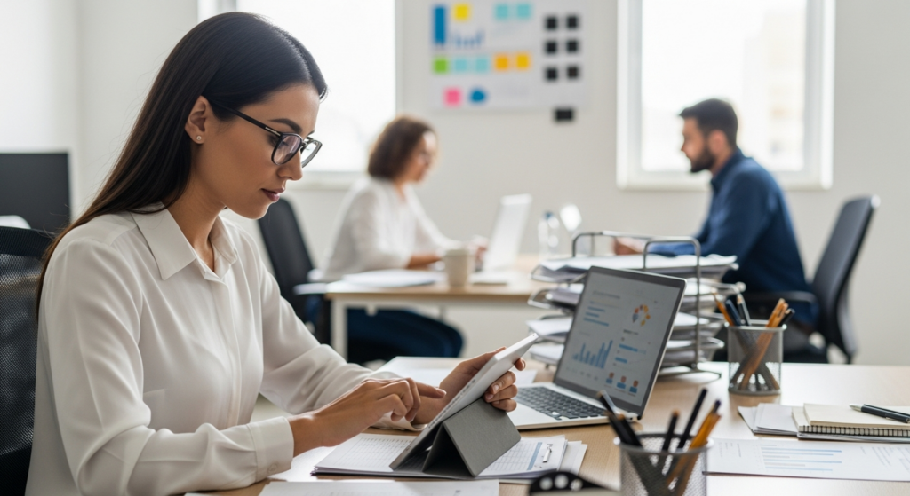 Fotografia em estilo corporativo realístico mostrando uma profissional de recursos humanos analisando dados em um tablet moderno em sua mesa de trabalho organizada. Ao fundo, um ambiente de escritório de PME iluminado e colaborativo, transmitindo foco e eficiência operacional. Sem textos ou gráficos sobrepostos. Alt: Profissional de RH utilizando aplicativo de gestão de pessoas em um tablet no escritório.