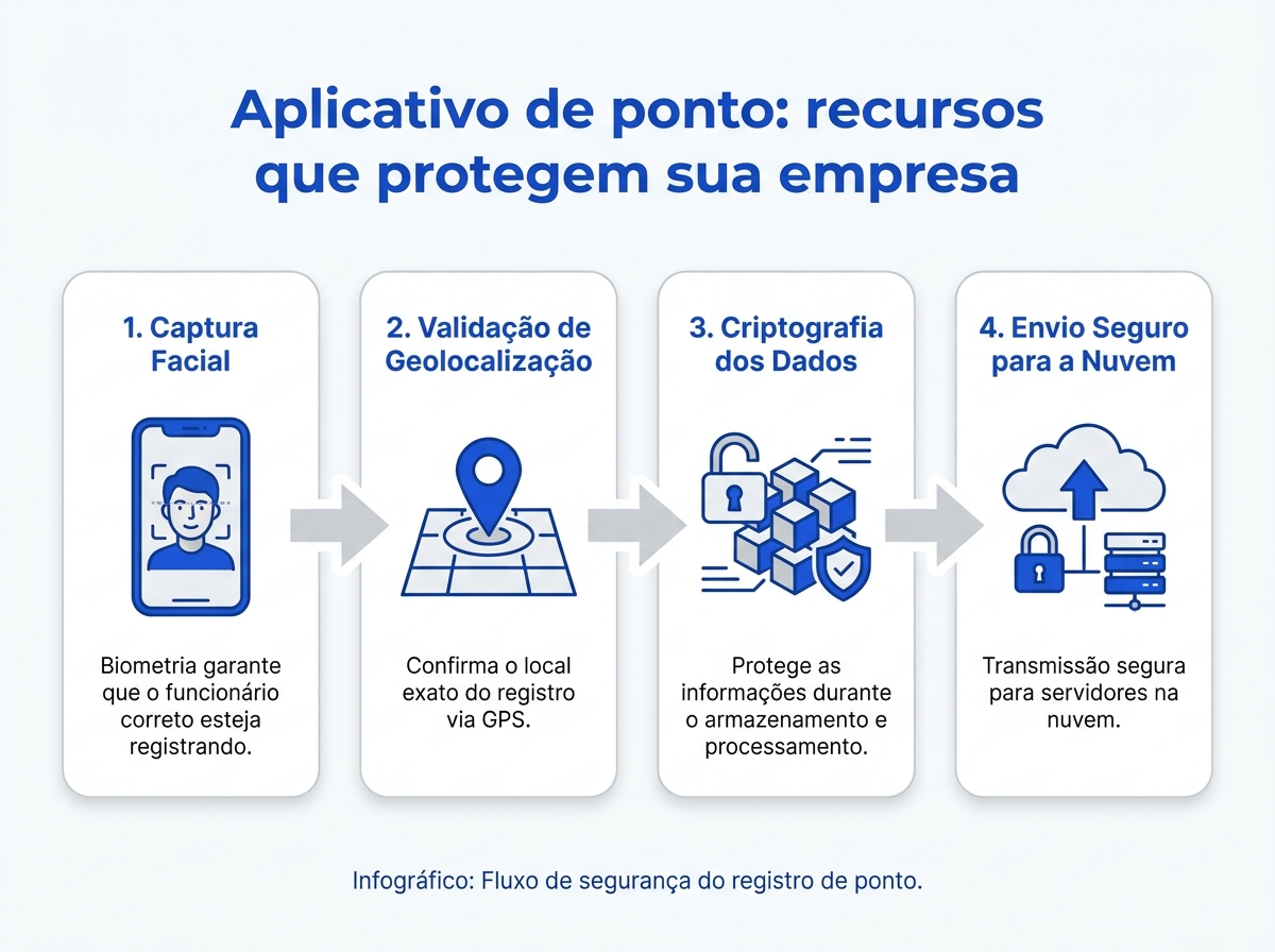 Infográfico demonstrando o fluxo de segurança e validação de dados em um aplicativo de ponto eletrônico.