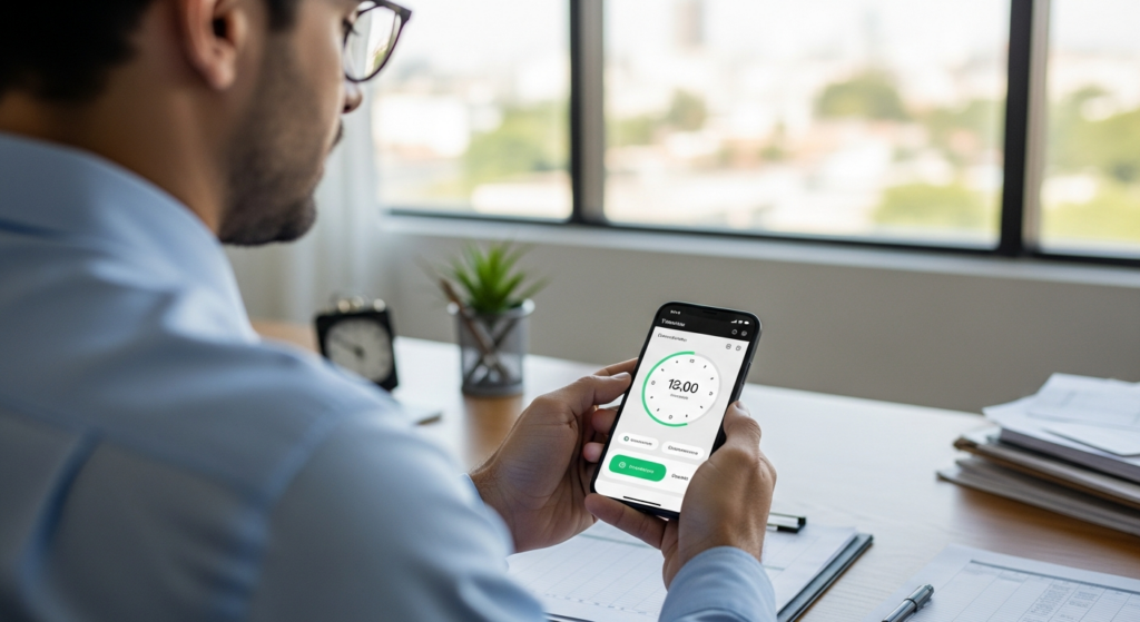 Foto realista de um empresário em seu escritório, olhando para a tela de um smartphone moderno onde é exibida uma interface limpa de registro de ponto. O ambiente é profissional, com iluminação natural, transmitindo segurança e modernidade. Sem textos ou gráficos sobrepostos. Alt: Empresário analisando o registro de jornada em um aplicativo de ponto no celular.